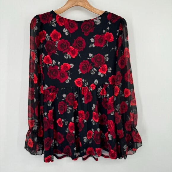Torrid size 1X plus Black red  Floral Surplice Babydoll Top  Sheer Sleeves new - Picture 11 of 12